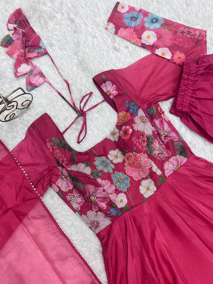 Pink Color Floral Print Organja Anarkali 3PC Kurta Set