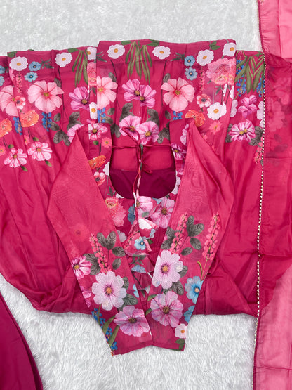 Pink Color Floral Print Organja Anarkali 3PC Kurta Set