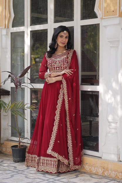 Red Faux Blooming With Embroidery Sequins-work Gown With Dupattta