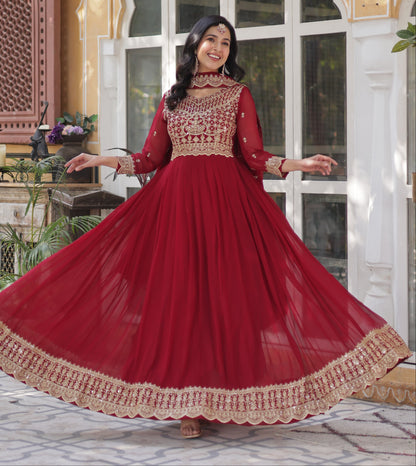 Red Faux Blooming With Embroidery Sequins-work Gown With Dupattta