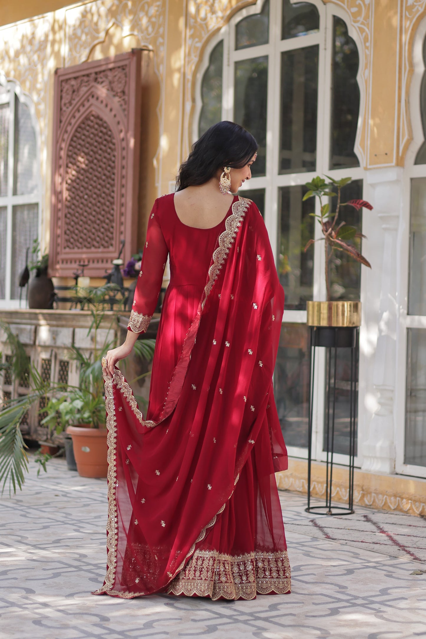 Red Faux Blooming With Embroidery Sequins-work Gown With Dupattta