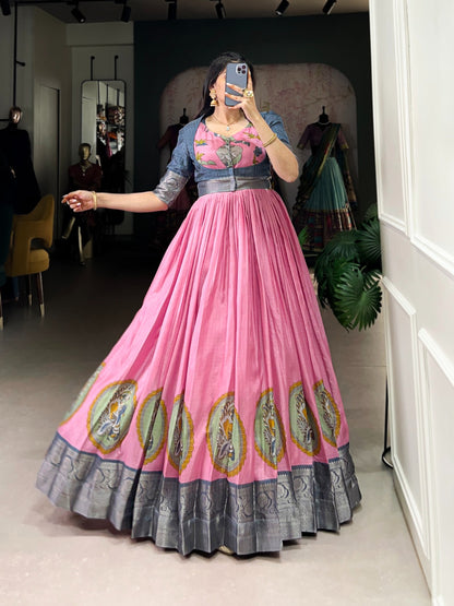 Pink Dola Silk With Kalamkari Print Gown With Koti