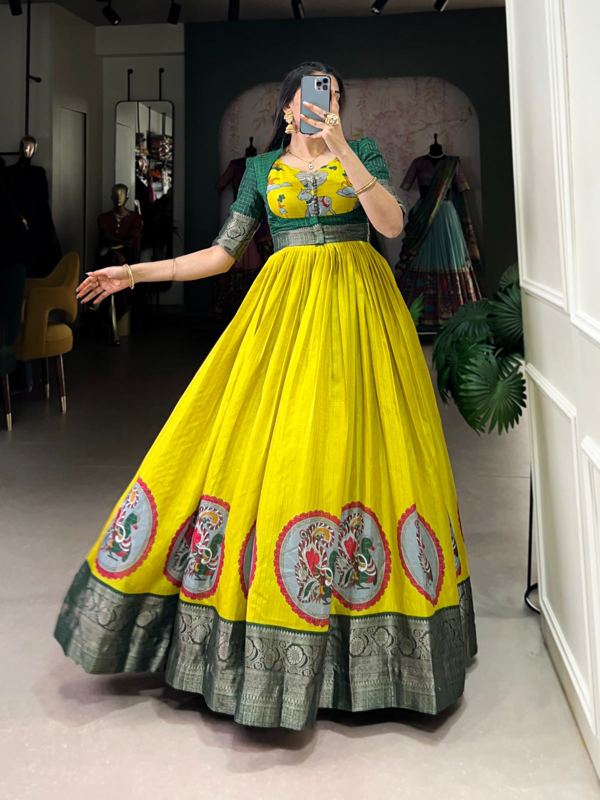 Perrot Green Dola Silk With Kalamkari Print Gown With Koti