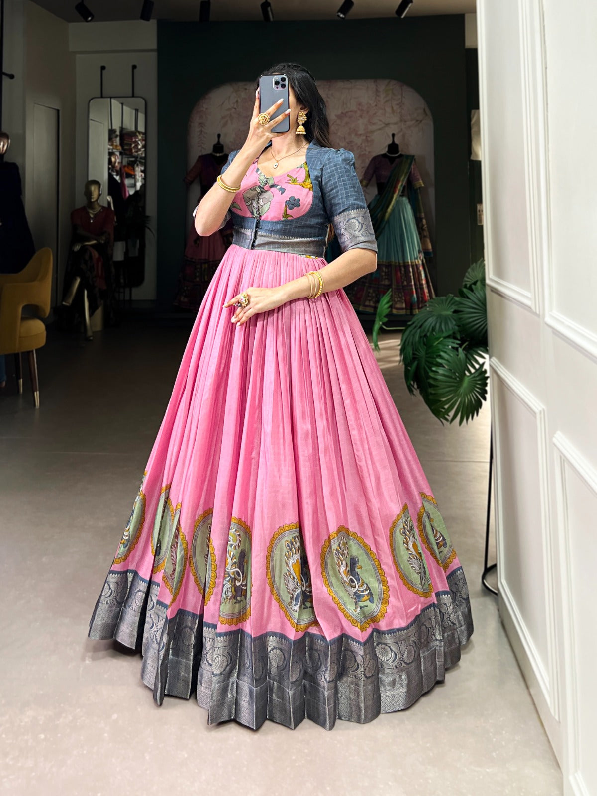 Pink Dola Silk With Kalamkari Print Gown With Koti