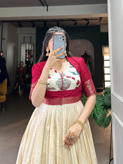 Red Dola Silk With Kalamkari Print Gown With Koti