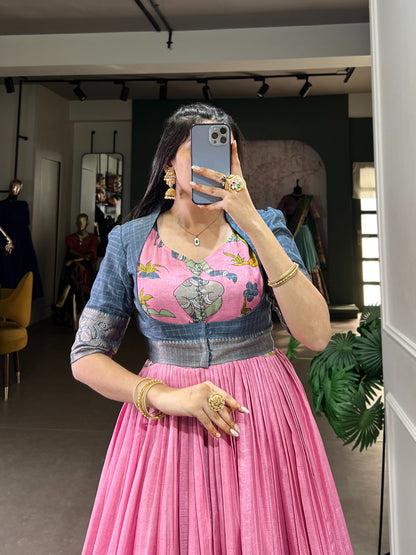 Pink Dola Silk With Kalamkari Print Gown With Koti