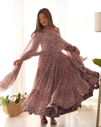 Paisley KalamkariI Print Chocolate Anarkali 3PC Kurta Set