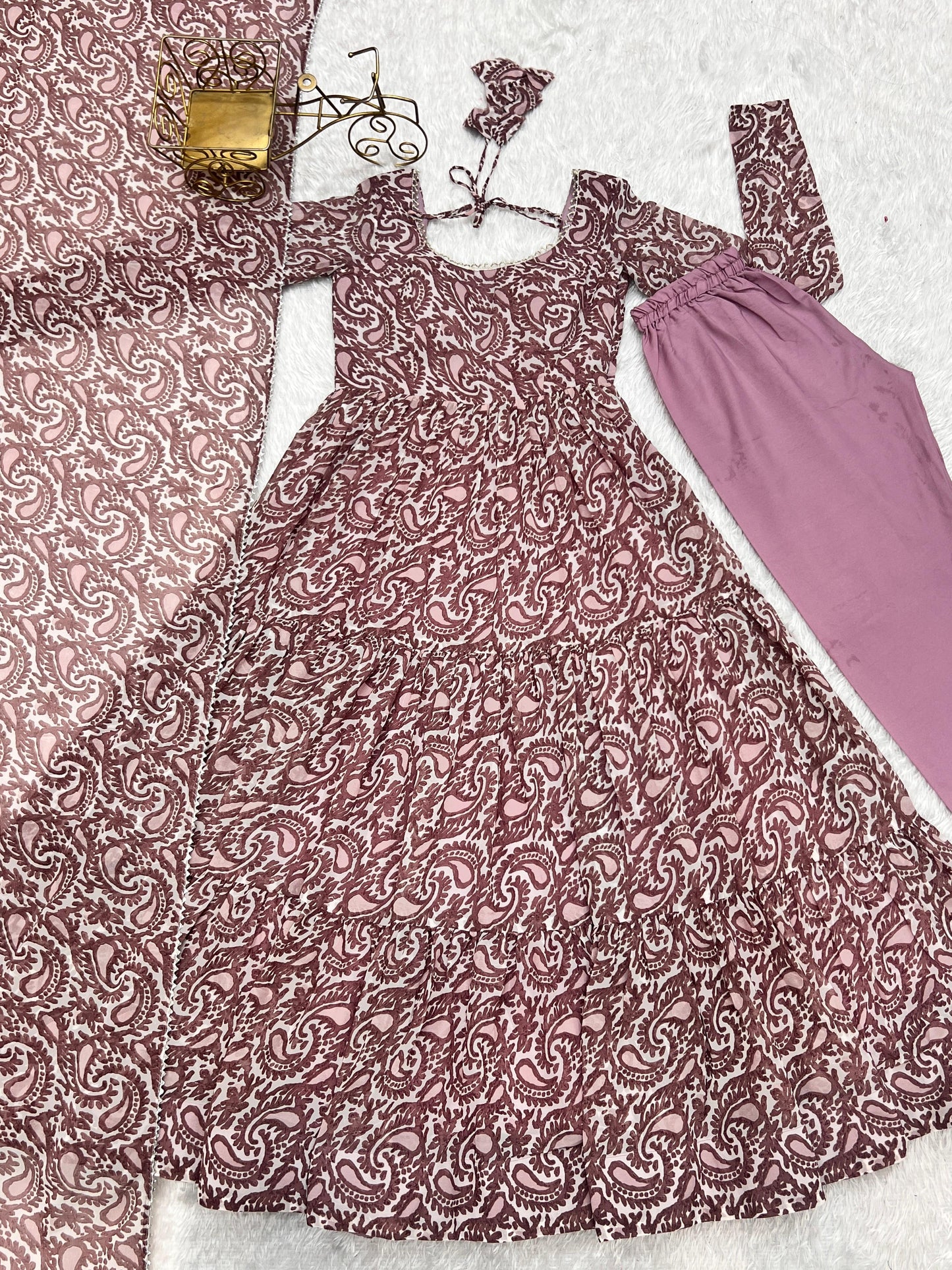 Paisley KalamkariI Print Chocolate Anarkali 3PC Kurta Set