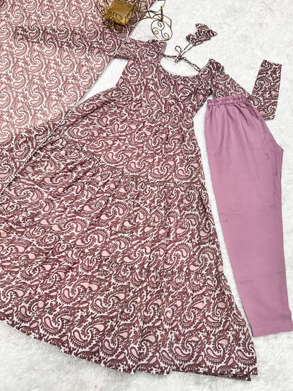 Paisley KalamkariI Print Chocolate Anarkali 3PC Kurta Set