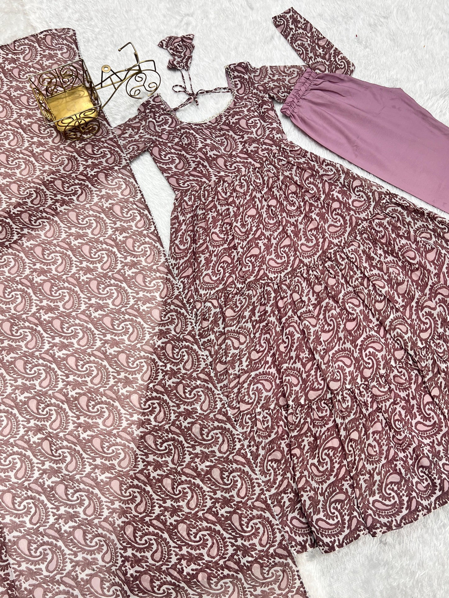 Paisley KalamkariI Print Chocolate Anarkali 3PC Kurta Set