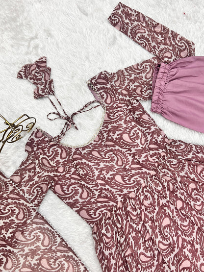 Paisley KalamkariI Print Chocolate Anarkali 3PC Kurta Set