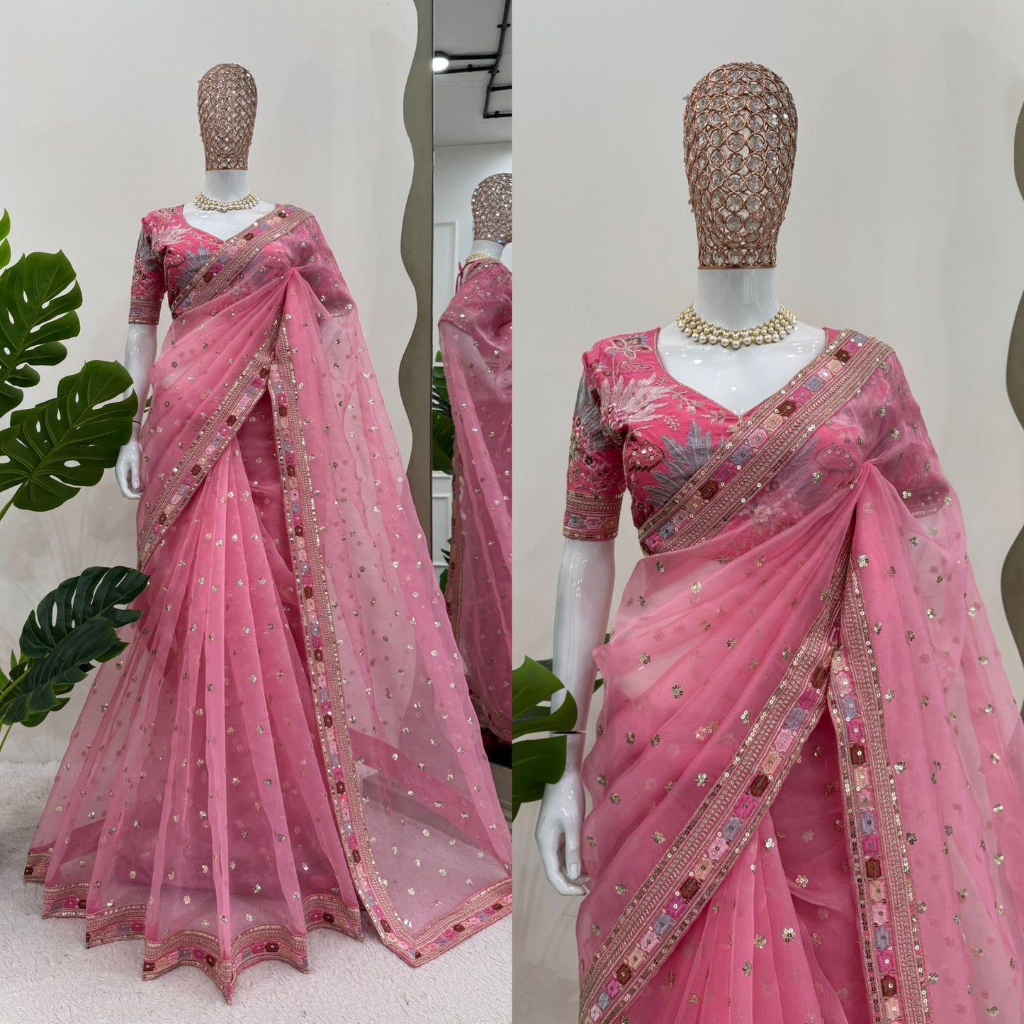 Pink Organza Silk Thread with Sequins Work Saree