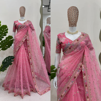 Pink Organza Silk Thread with Sequins Work Saree