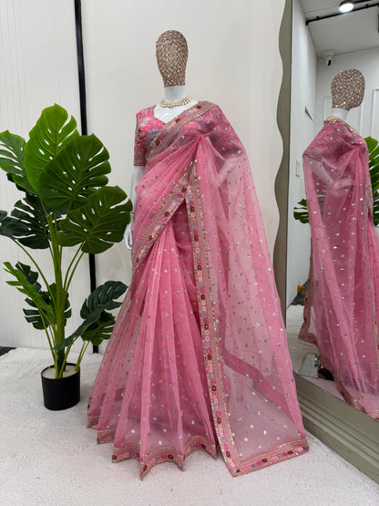 Pink Organza Silk Thread with Sequins Work Saree