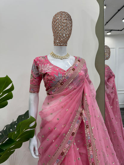 Pink Organza Silk Thread with Sequins Work Saree