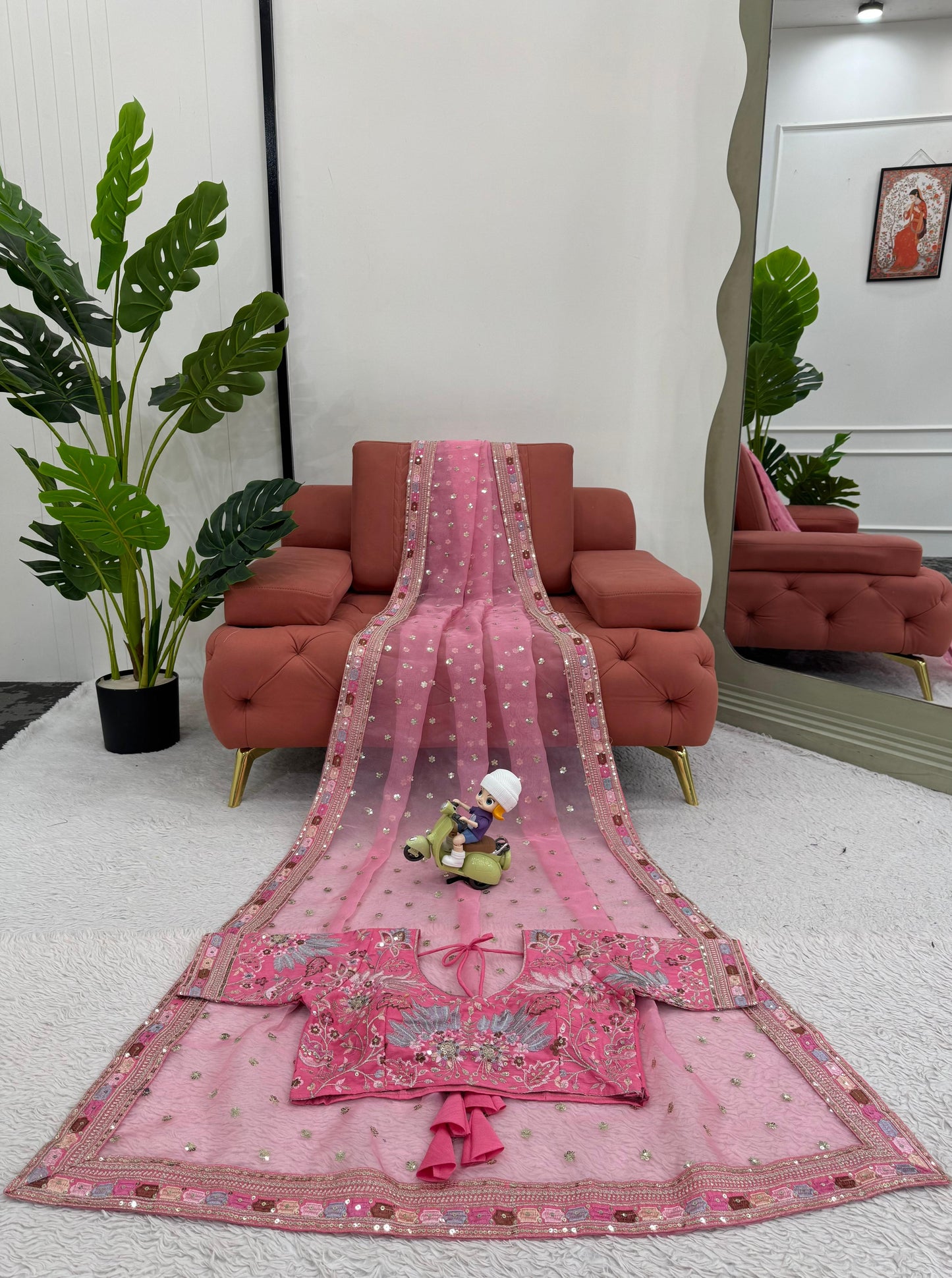 Pink Organza Silk Thread with Sequins Work Saree