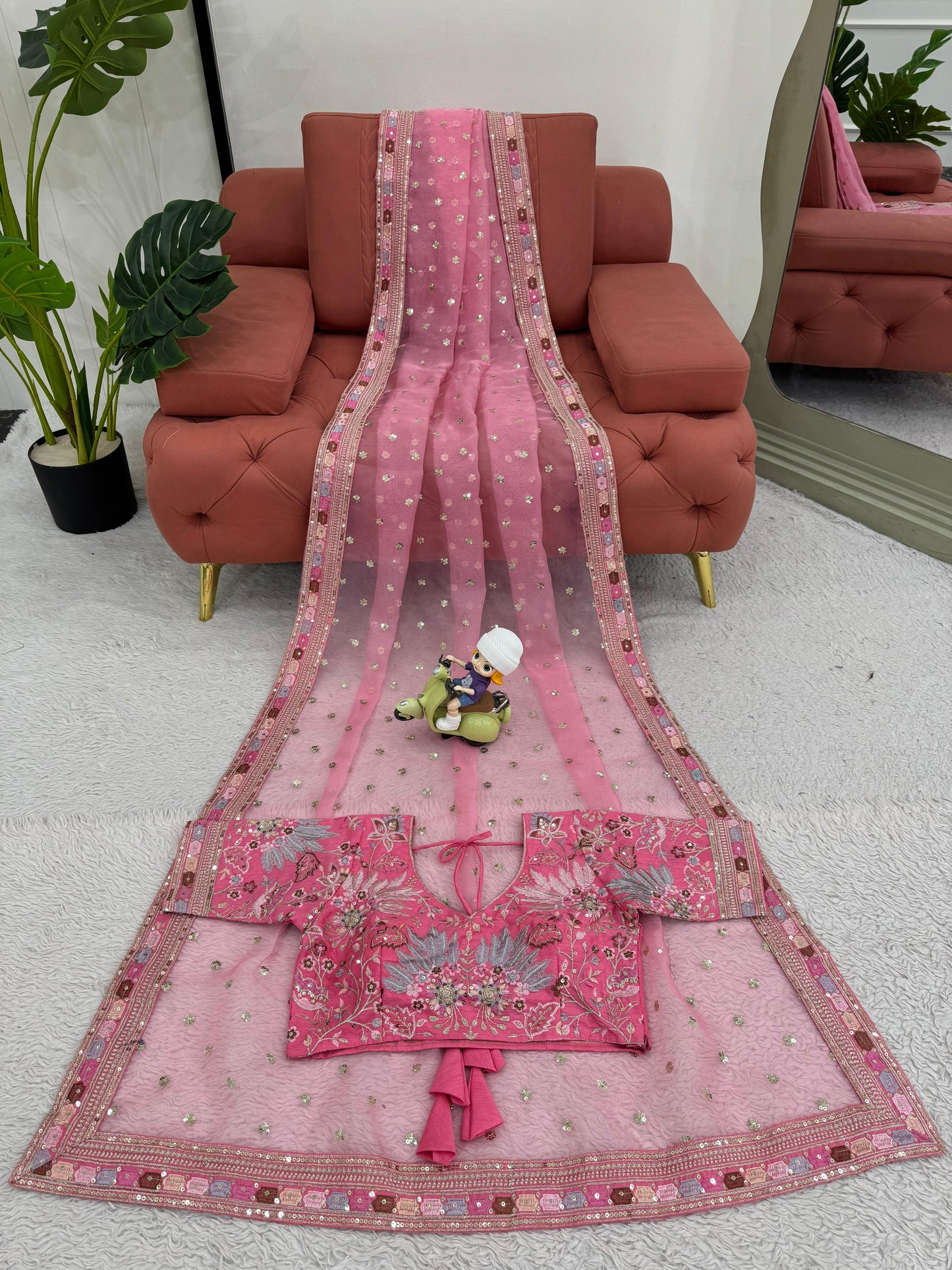 Pink Organza Silk Thread with Sequins Work Saree
