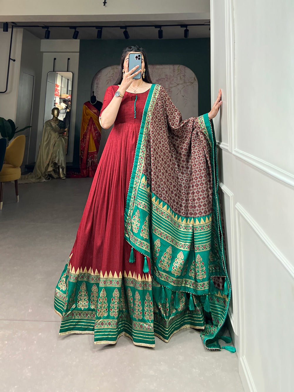 Maroon Tussar Silk With Foil Print Gown With Dupatta