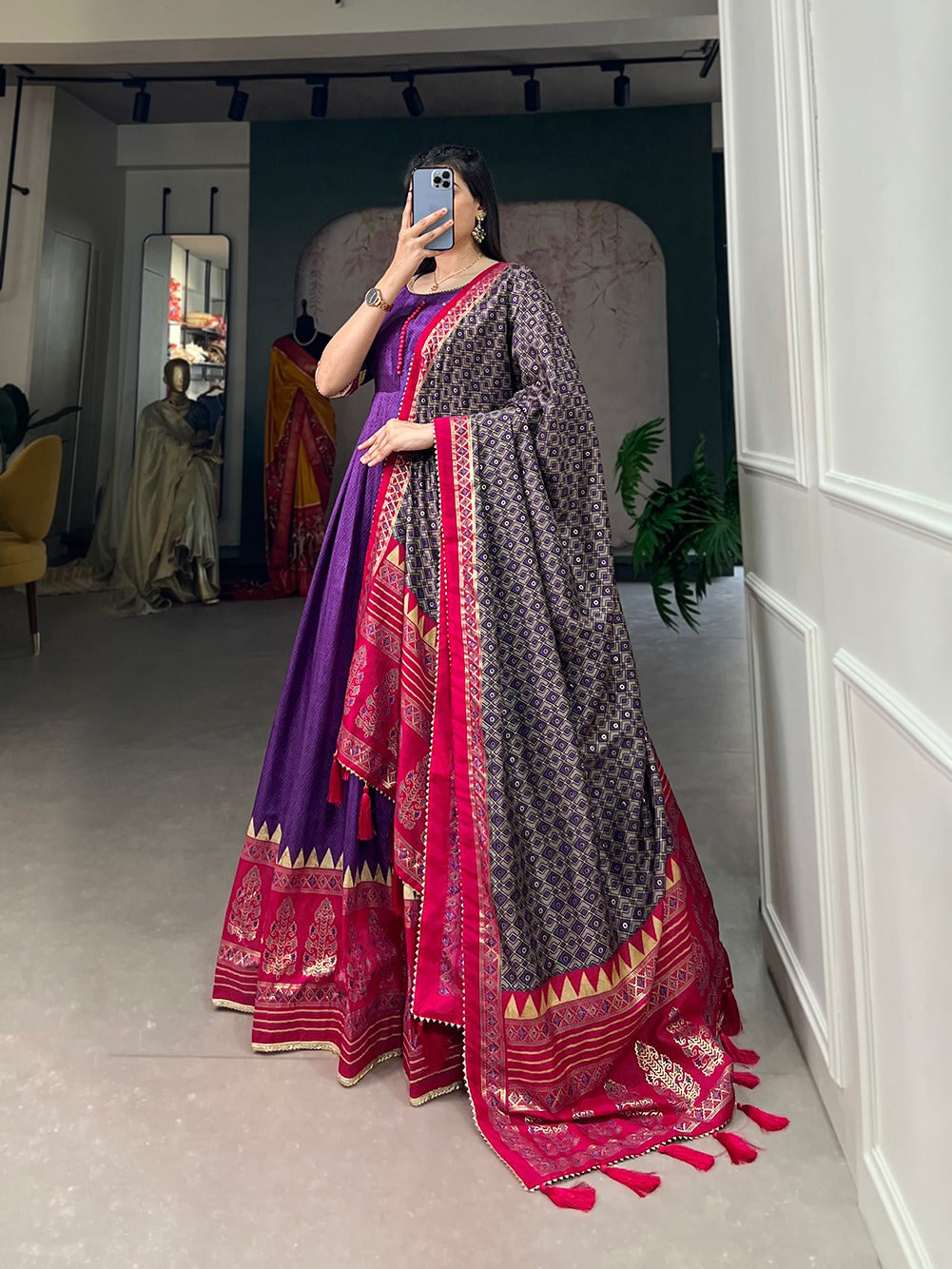 Purple Tussar Silk With Foil Print  Gown With Dupatta