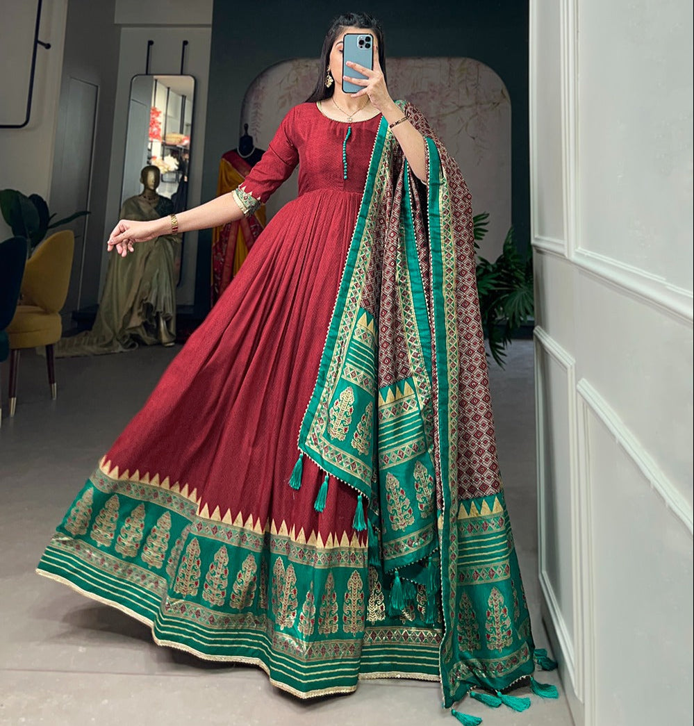 Maroon Tussar Silk With Foil Print Gown With Dupatta