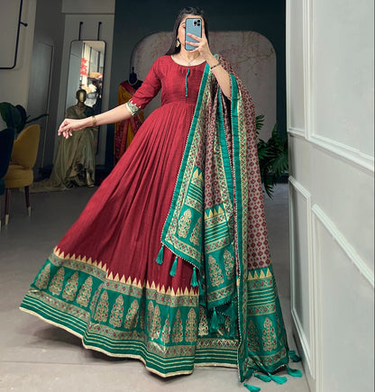 Maroon Tussar Silk With Foil Print Gown With Dupatta