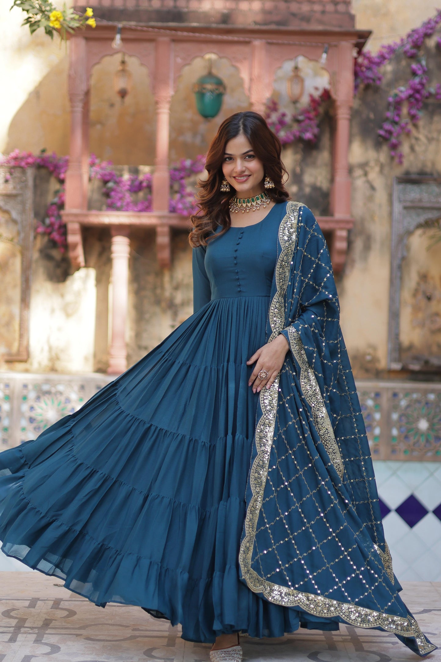 Beautiful Star Georgette Gown With Sequins Embroidered Dupatta