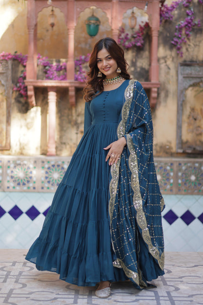 Beautiful Star Georgette Gown With Sequins Embroidered Dupatta
