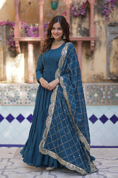 Beautiful Star Georgette Gown With Sequins Embroidered Dupatta