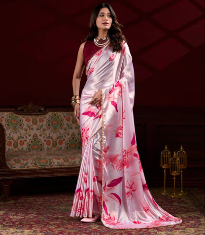 Light Pink Satin Silk With Floral Print Saree