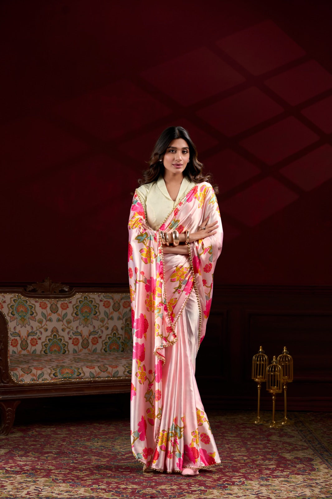 Peach Satin Silk With Floral Print Saree