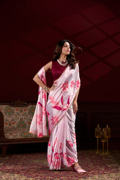Light Pink Satin Silk With Floral Print Saree