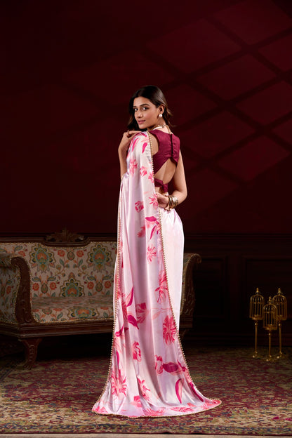 Light Pink Satin Silk With Floral Print Saree