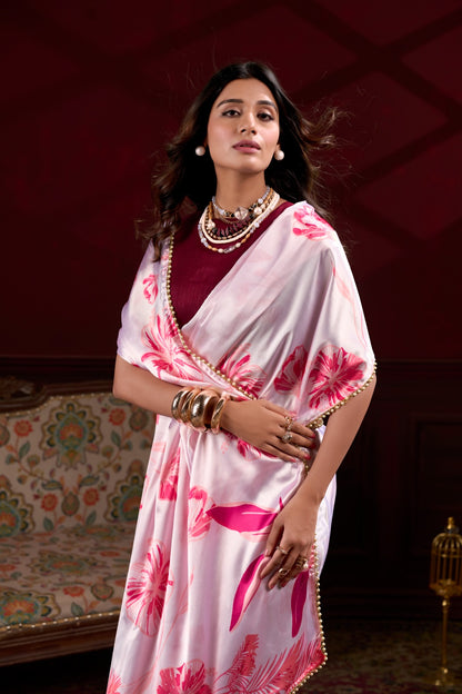 Light Pink Satin Silk With Floral Print Saree