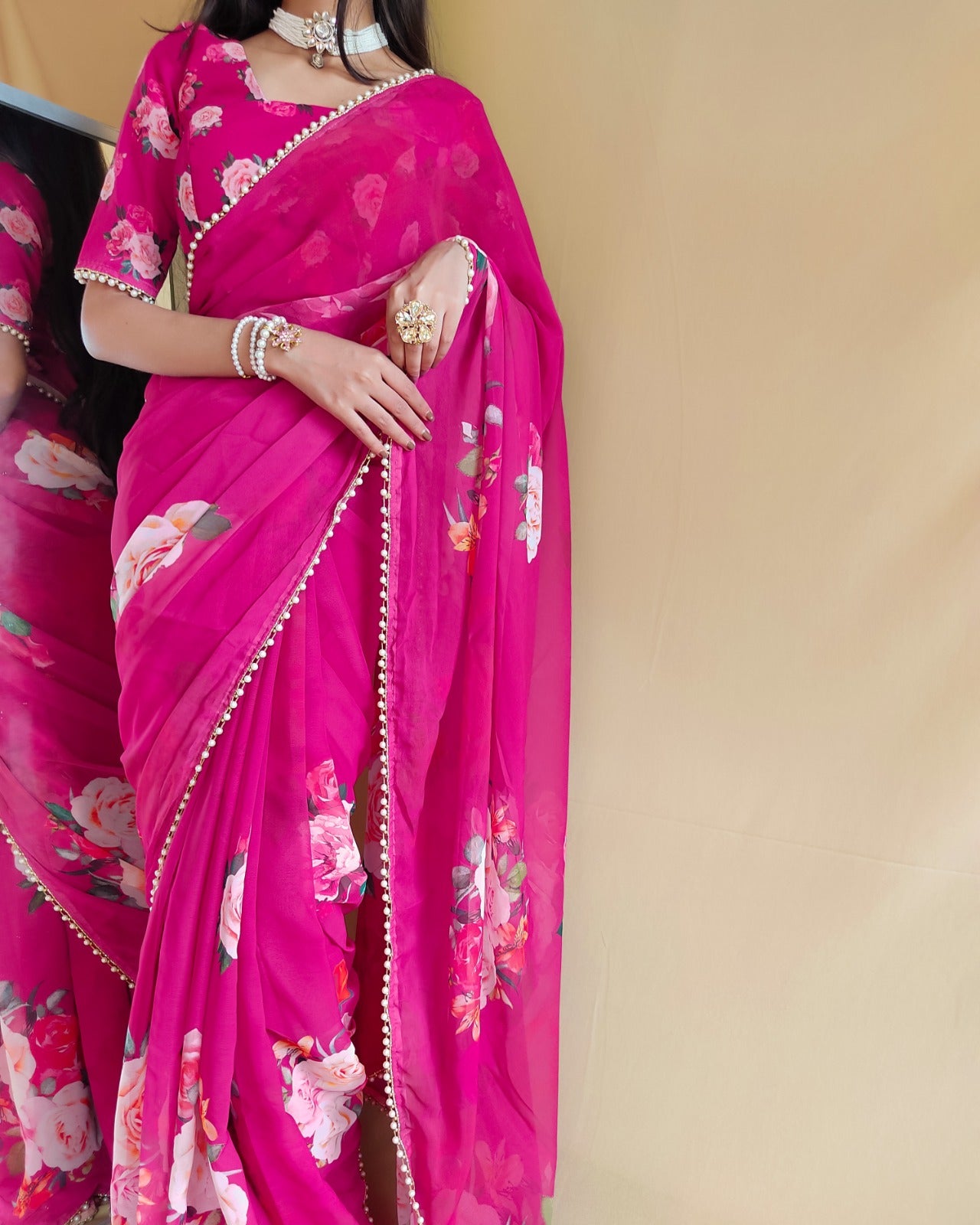 Pink Georgette With Pearl Lace Border Floral Print Saree
