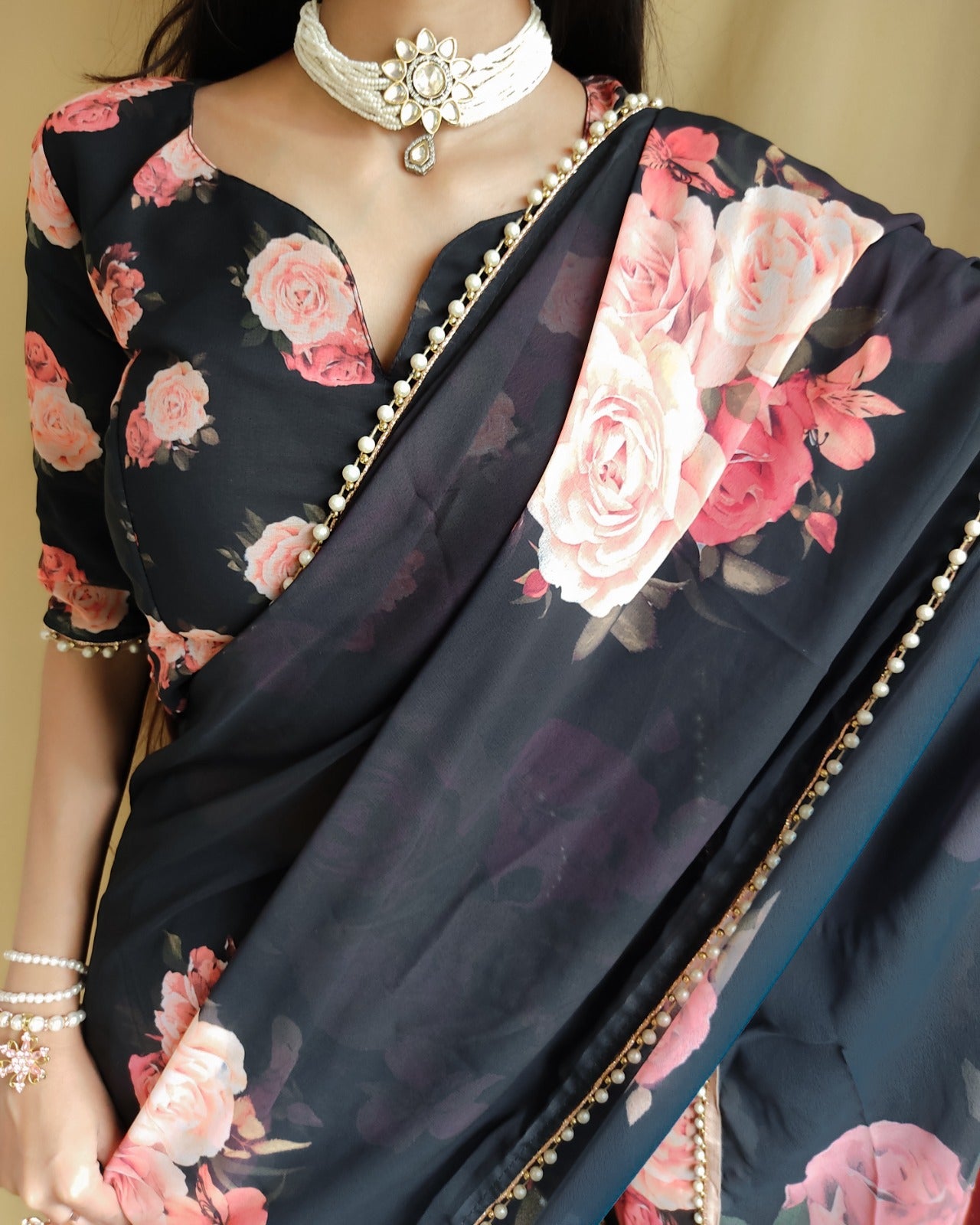 Black Georgette With Pearl Lace Border Floral Print Saree