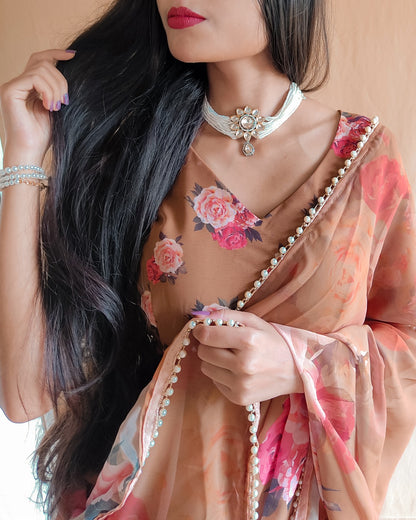 Brown Georgette With Pearl Lace Border Floral Print Saree