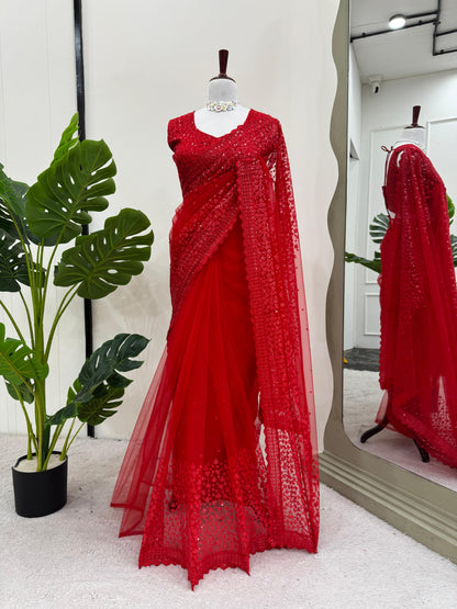 Red Soft Net With Sequence Work Saree