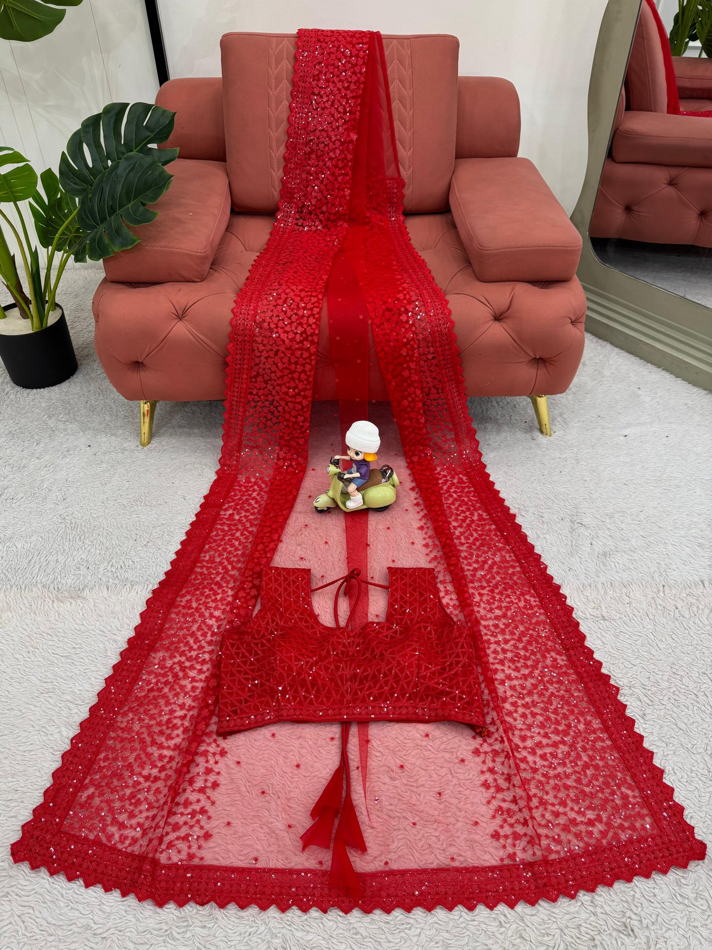 Red Soft Net With Sequence Work Saree
