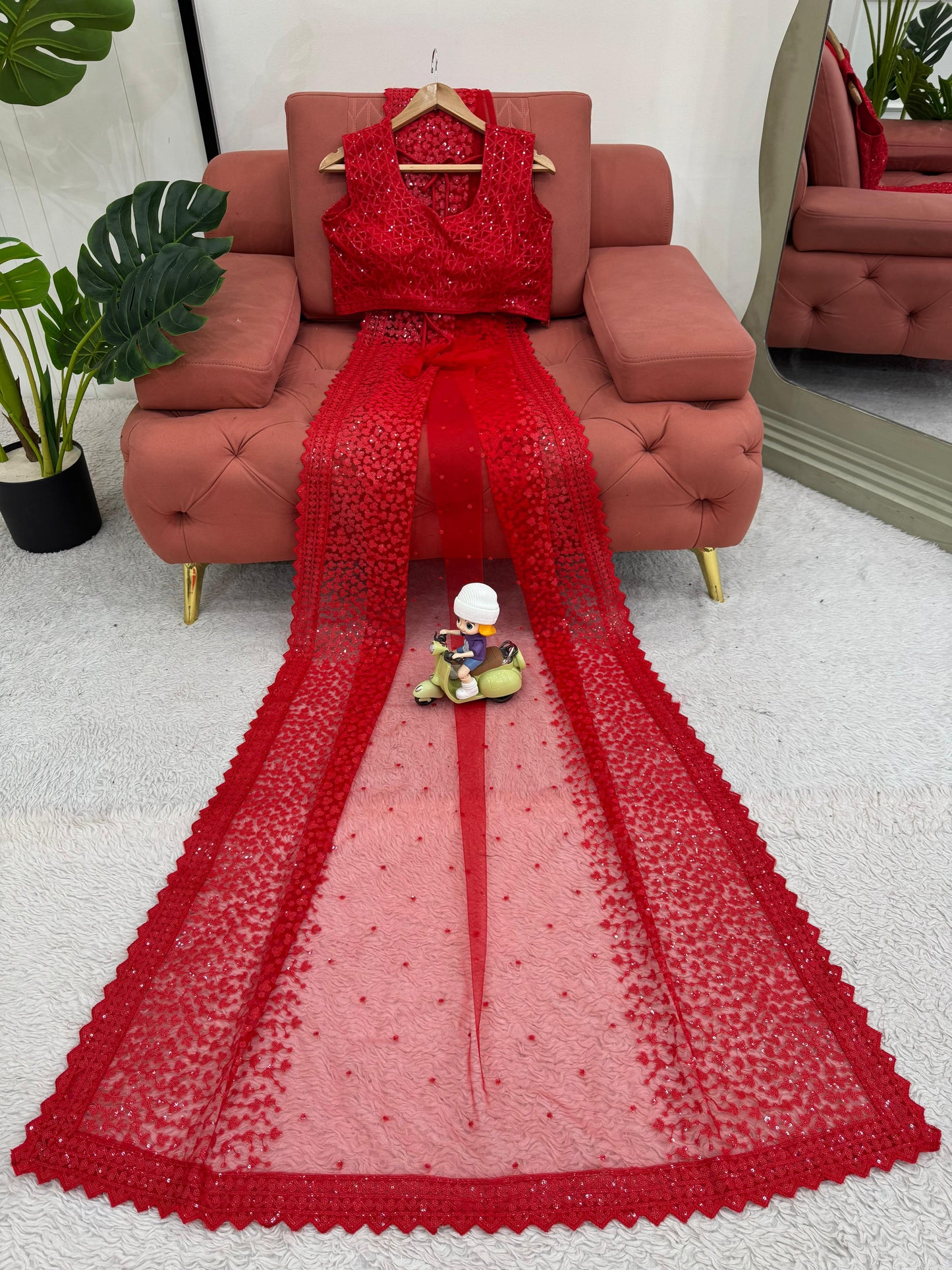 Red Soft Net With Sequence Work Saree