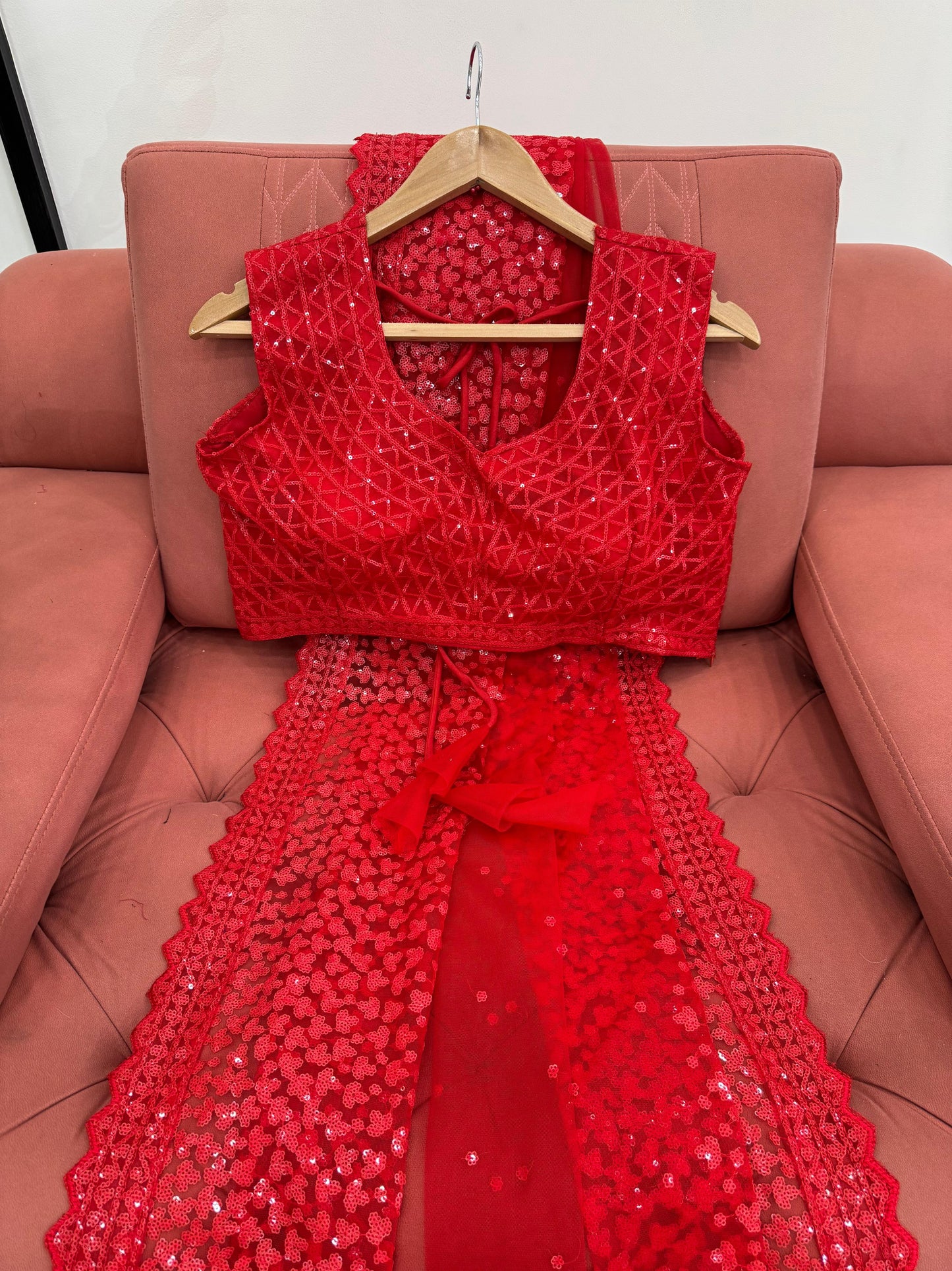 Red Soft Net With Sequence Work Saree