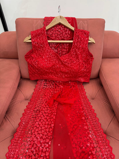 Red Soft Net With Sequence Work Saree