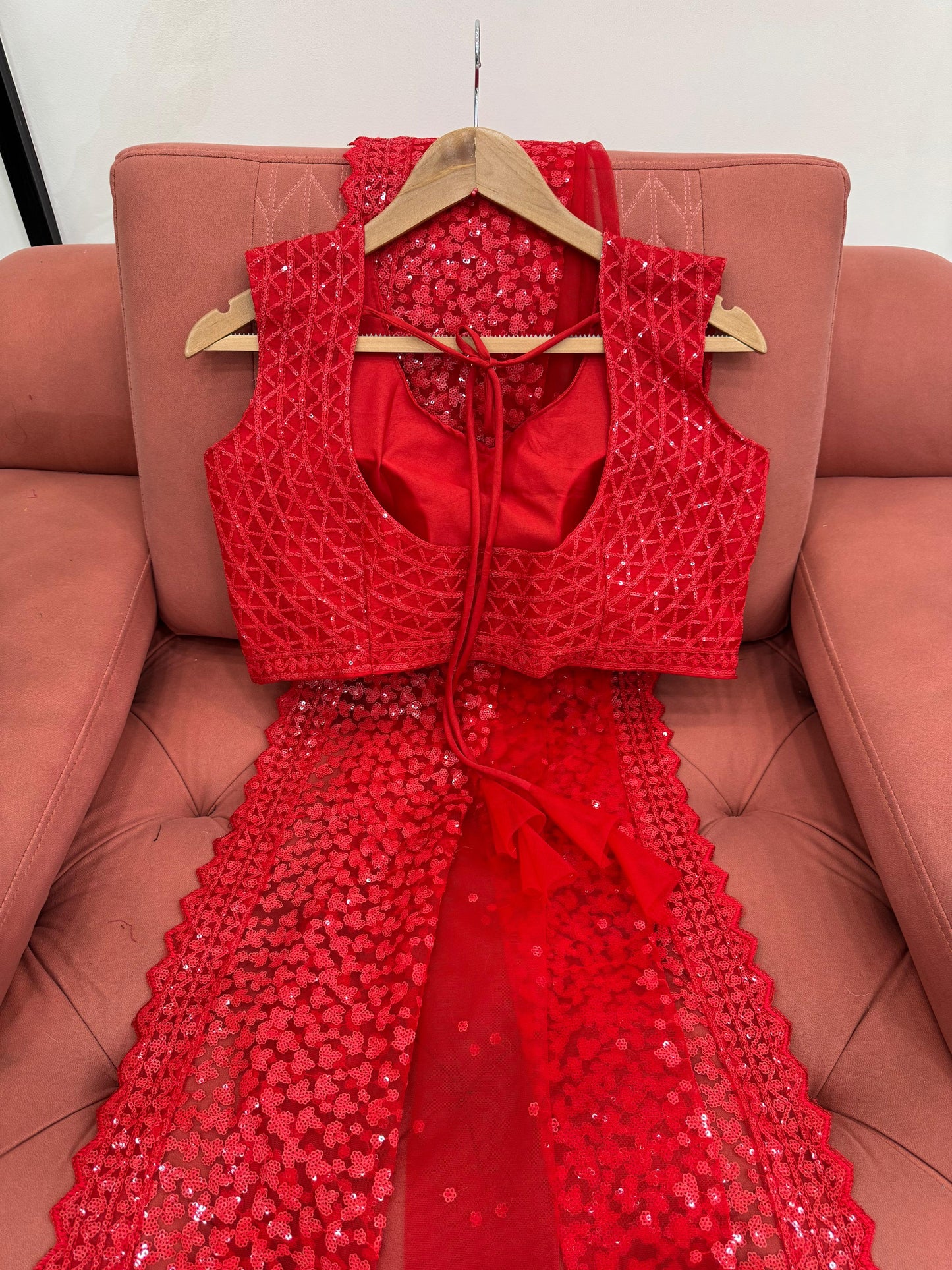 Red Soft Net With Sequence Work Saree