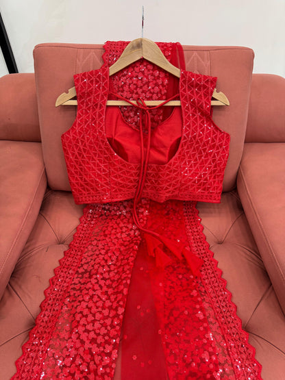 Red Soft Net With Sequence Work Saree