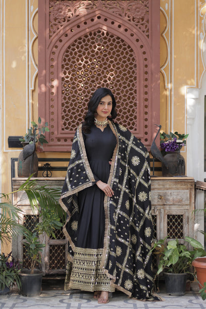 Black Star Georgette Zari and Sequins Work Gown With Embroidered Dupatta