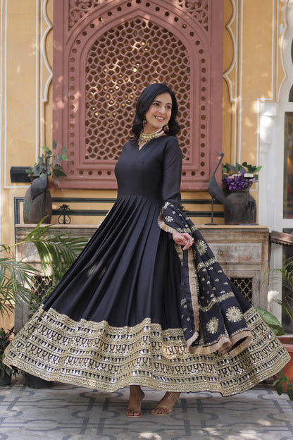 Black Star Georgette Zari and Sequins Work Gown With Embroidered Dupatta