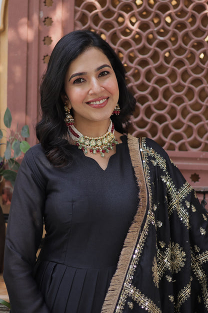 Black Star Georgette Zari and Sequins Work Gown With Embroidered Dupatta