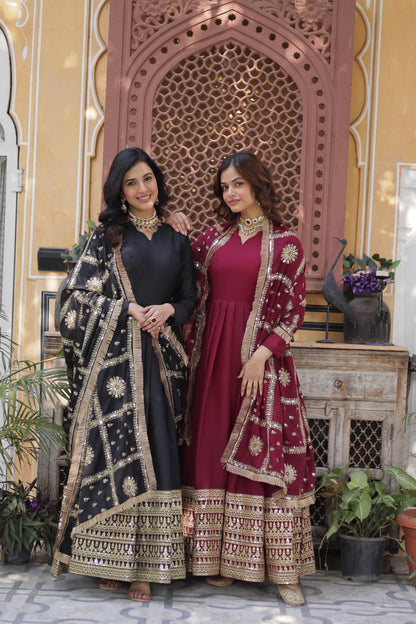 Black Star Georgette Zari and Sequins Work Gown With Embroidered Dupatta