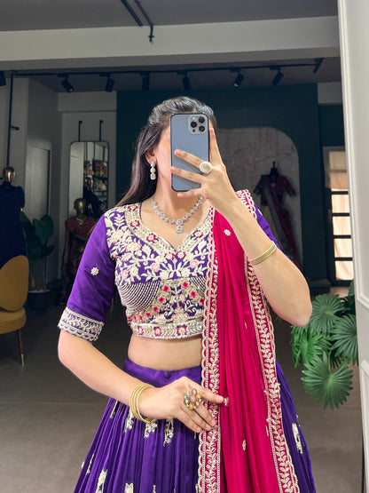 Purple Vichitra Silk Sequins Thread Embroidery Work Lehenga