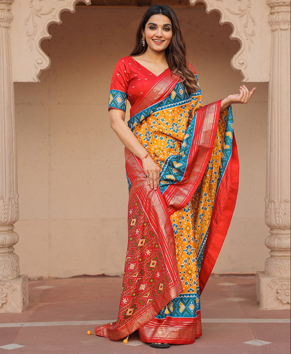 Yellow Dola Silk Patola with Foil Print Saree