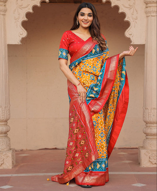 Yellow Dola Silk Patola with Foil Print Saree